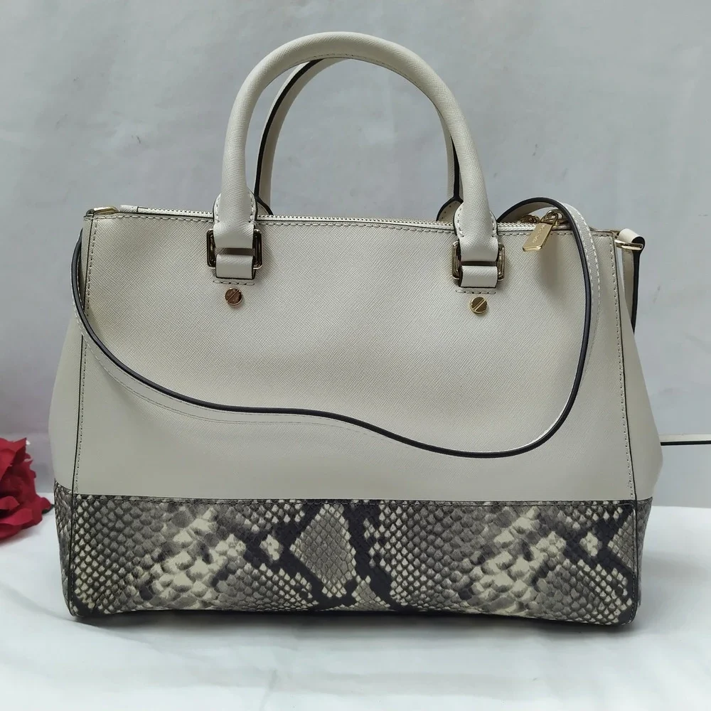 Michael Kors White Leather Snakeskin Embossed Detail Carryall Satchel Bag